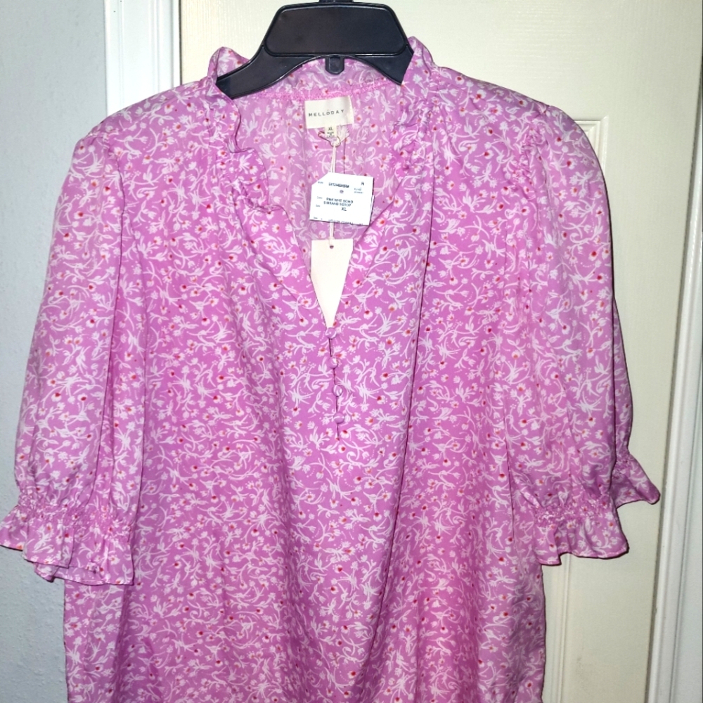 Mellowday lilac blouse with button detail floral print XL summer NWT